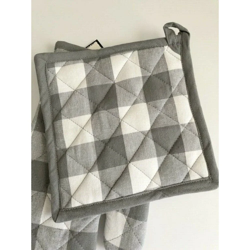 Grainhouse Potholder Oven Mitt Set Buffalo Check Plaid Country Gray White Set 2